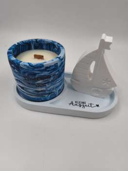 Geschenkset - Dekotablett mit Duftkerze und Segelboot