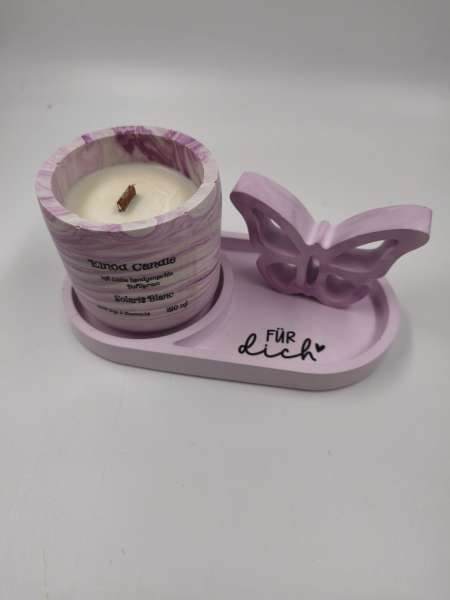 Geschenkset - Dekotablett mit Duftkerze und Schmetterling